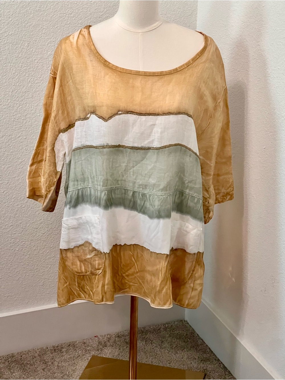 Relaxed Colorblock Linen Blend Top in Tan White Sage Euro Lagenlook made in 🇮🇹 M - Picture 2 of 11